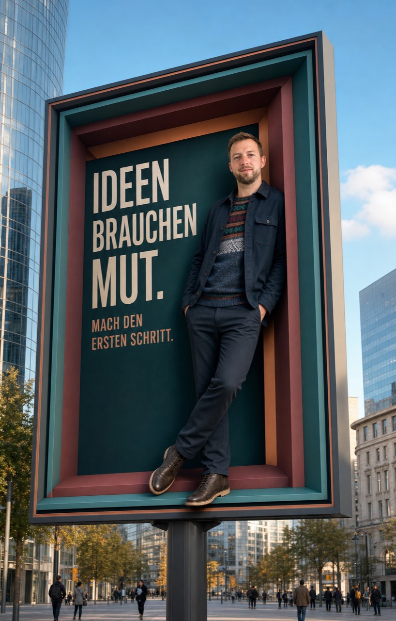 City-Billboard mit Philipp, der aus dem Rahmen heraustritt, und dem Slogan Ideen brauchen Mut