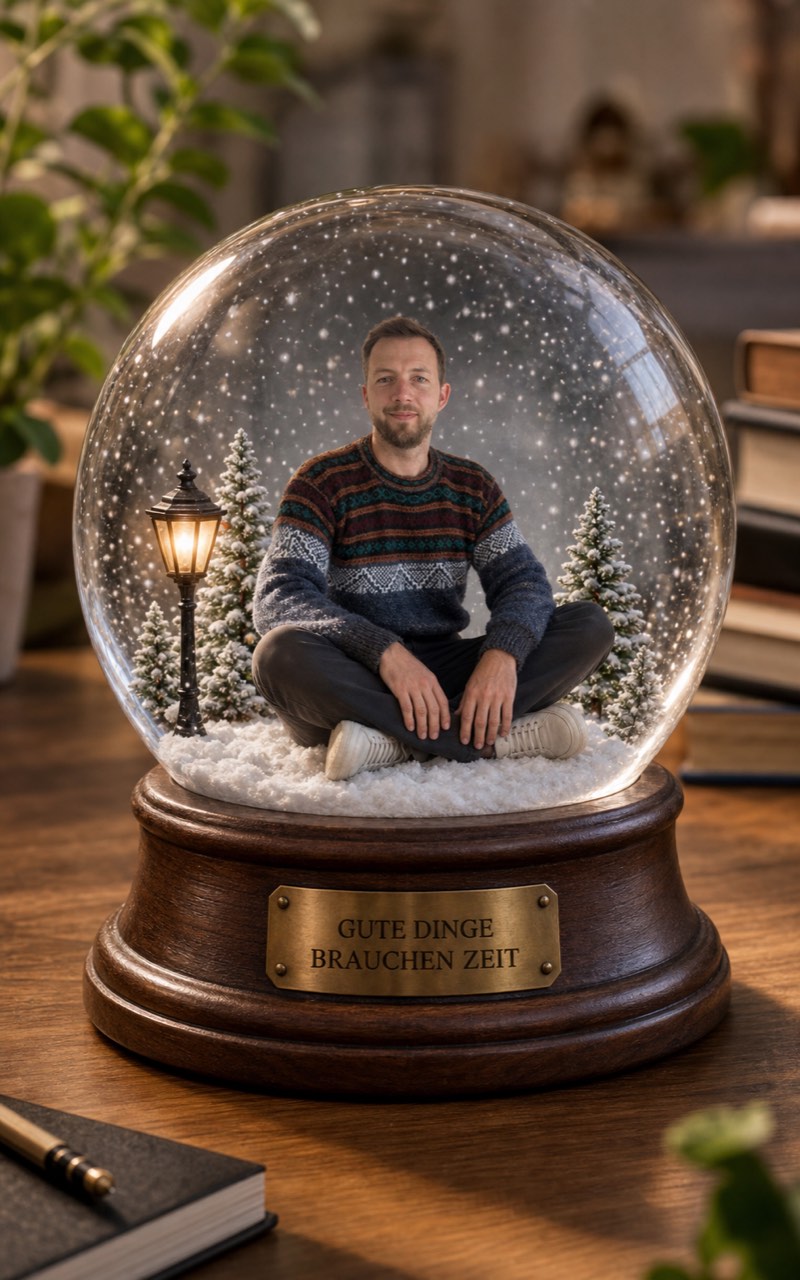 Philipp als Miniaturfigur in einer Schneekugel mit Tannen und Laterne, auf einem Holzsockel vor Büchern