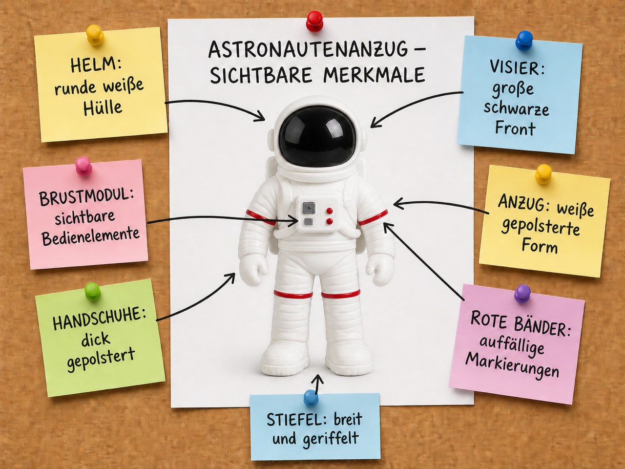 Astronautenanzug auf einer Korkwand, umgeben von farbigen Haftnotizen zu Helm, Visier, Brustmodul, Handschuhen, Stiefeln und Markierungsbändern