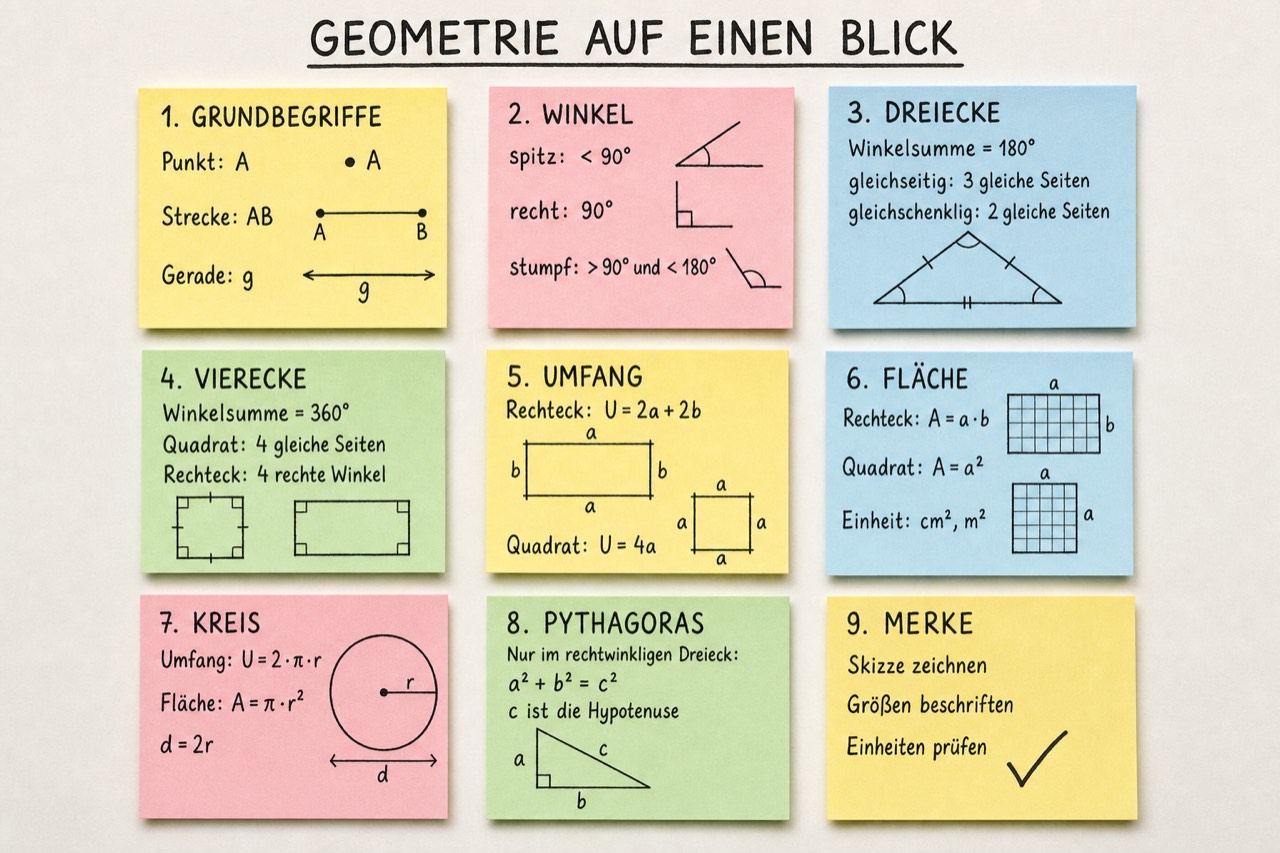 Geometrie-Übersicht auf neun farbigen Haftnotizen mit Grundbegriffen, Winkeln, Dreiecken, Umfang, Fläche und Pythagoras