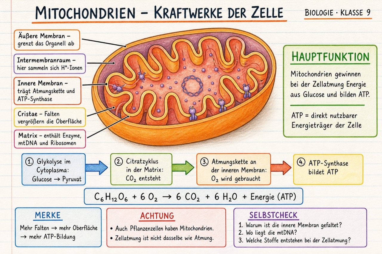 Visueller Lernzettel zu Mitochondrien für Klasse 9 mit Querschnitt, Hauptfunktion, Ablauf in vier Schritten, Merke-, Achtung- und Selbstcheck-Kästen
