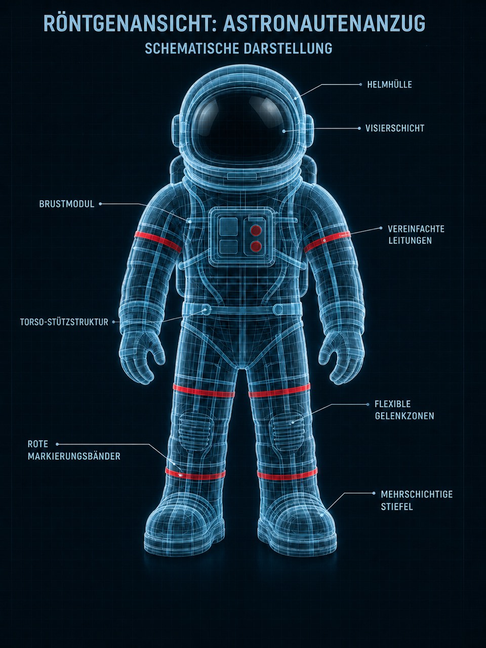 Schematische Röntgenansicht des Astronautenanzugs mit leuchtender Kontur auf dunkelblauem Grund und beschrifteten inneren Baugruppen