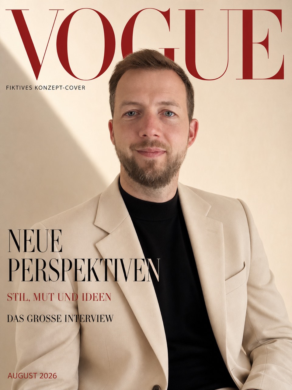Fiktives Magazin-Konzeptcover mit Philipp im hellen Sakko, Schriftzug VOGUE und dem Hinweis Fiktives Konzept-Cover