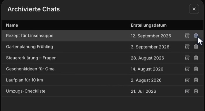 Fenster „Archivierte Chats“ mit einer Liste von Chats, Erstellungsdatum und je einem Symbol zum Wiederherstellen und zum Löschen