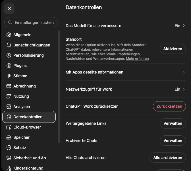 ChatGPT-Einstellungen, Bereich Datenkontrollen mit den Zeilen Das Modell für alle verbessern (Ein), Standort, Mit Apps geteilte Informationen, Weitergegebene Links, Archivierte Chats und Alle Chats archivieren