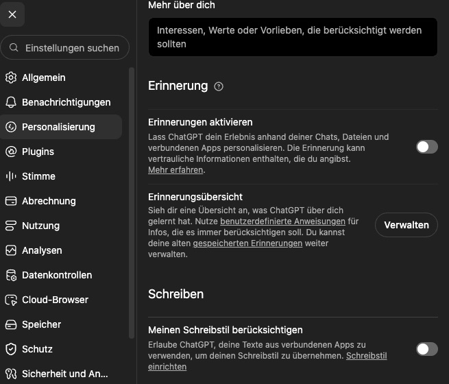 ChatGPT-Einstellungen, Bereich Personalisierung: Der Schalter „Erinnerungen aktivieren“ ist aus, darunter die Zeile „Erinnerungsübersicht“ mit dem Button „Verwalten“