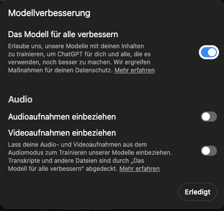 Fenster „Modellverbesserung“ mit dem eingeschalteten Schalter „Das Modell für alle verbessern“, darunter die Schalter für Audio- und Videoaufnahmen und der Button „Erledigt“