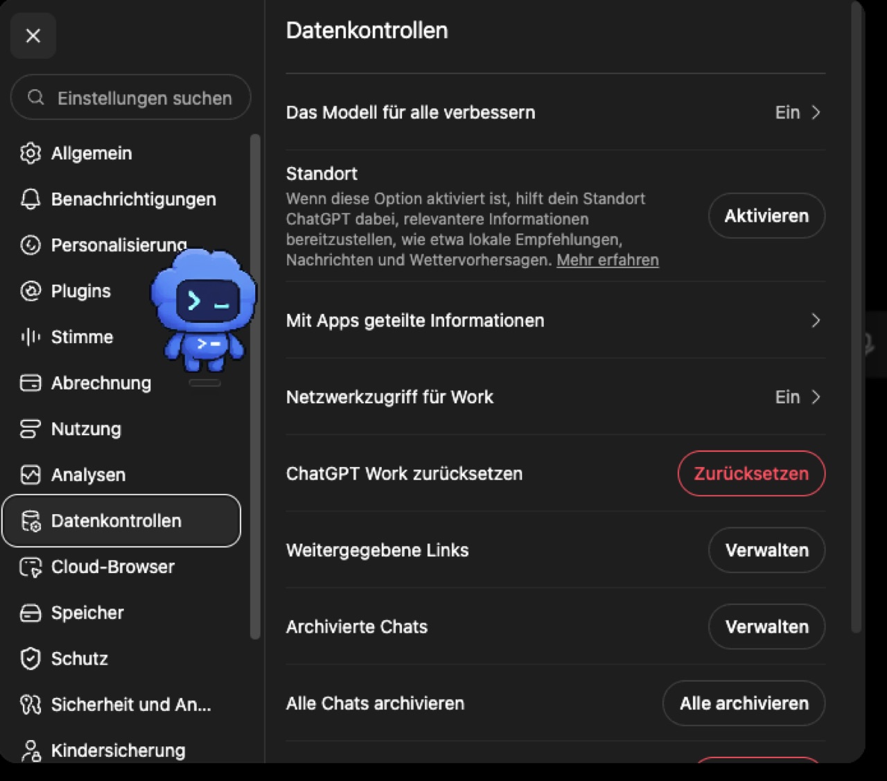 Einstellungen → Datenkontrollen mit der Zeile „Das Modell für alle verbessern · Ein“ und weiter unten „Weitergegebene Links · Verwalten“