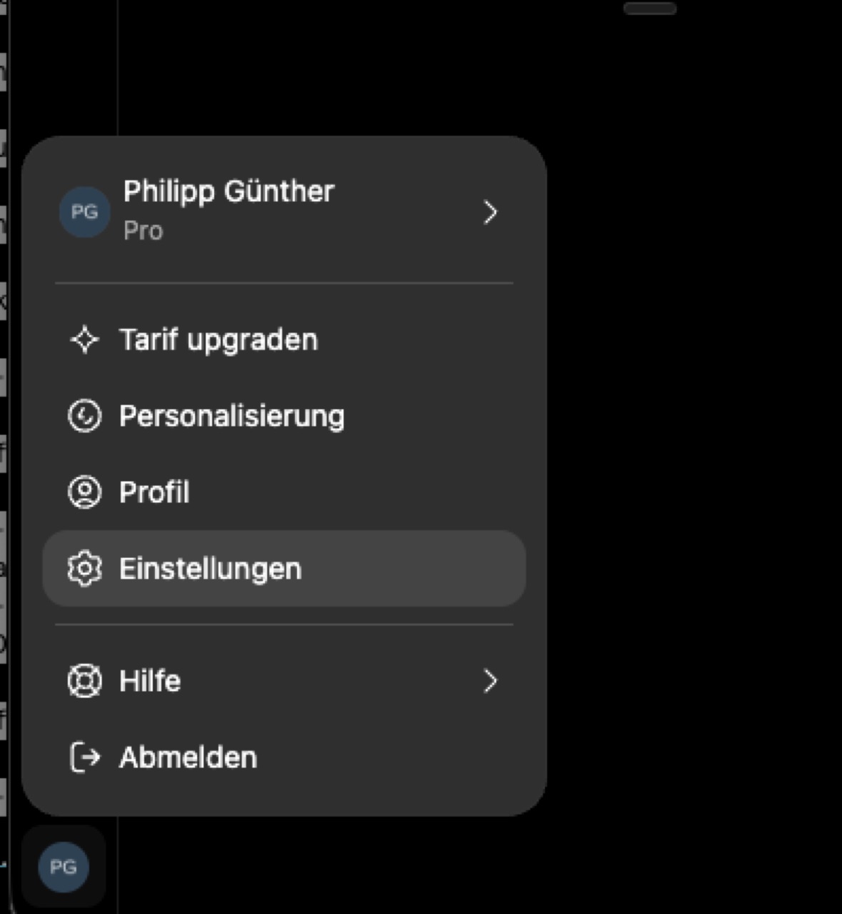 ChatGPT-Profilmenü mit den Einträgen Tarif upgraden, Personalisierung, Profil, Einstellungen, Hilfe, Abmelden