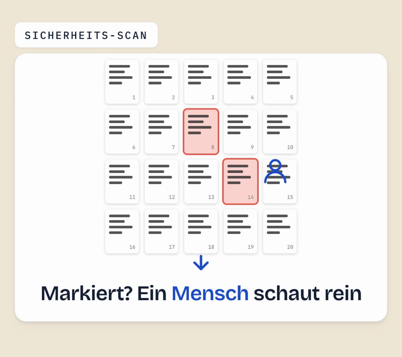 Raster aus Chat-Kacheln, eine Lupe fährt darüber, zwei Kacheln sind rot markiert, daneben eine Person