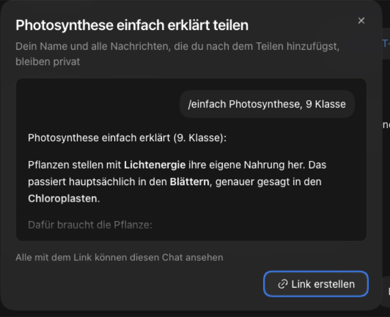 ChatGPT-Dialog „Photosynthese einfach erklärt teilen“ mit Chat-Vorschau, dem Hinweis „Alle mit dem Link können diesen Chat ansehen“ und dem Button „Link erstellen“