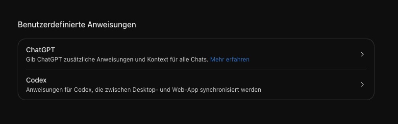 Abschnitt Benutzerdefinierte Anweisungen mit den Einträgen ChatGPT und Codex