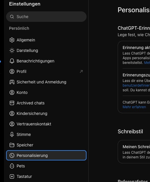 ChatGPT-Einstellungen, links ist der Punkt Personalisierung markiert