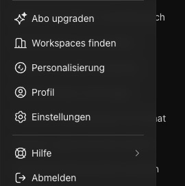 ChatGPT-Menü mit den Punkten Abo upgraden, Workspaces finden, Personalisierung, Profil, Einstellungen, Hilfe und Abmelden