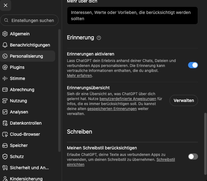 Bereich Erinnerung in den ChatGPT-Einstellungen: Der Schalter „Erinnerungen aktivieren“ ist eingeschaltet, darunter die Erinnerungsübersicht mit dem Button „Verwalten“