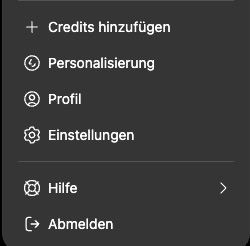 ChatGPT-Profilmenü mit den Einträgen Credits hinzufügen, Personalisierung, Profil, Einstellungen, Hilfe und Abmelden