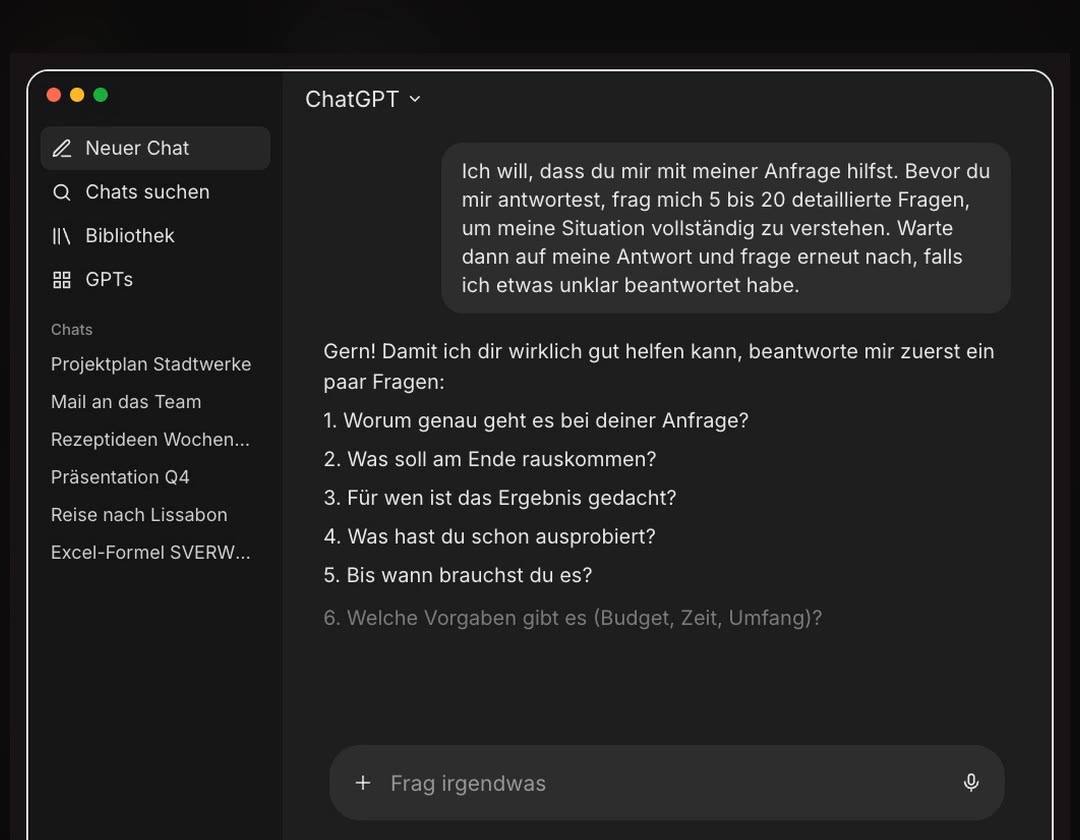 ChatGPT stellt nummerierte Rückfragen