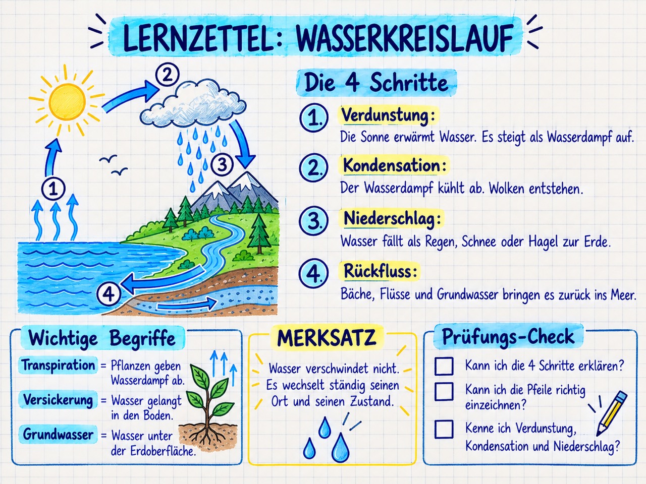 Lernzettel Wasserkreislauf mit den vier Schritten, wichtigen Begriffen, einem Merksatz und einem Prüfungs-Check