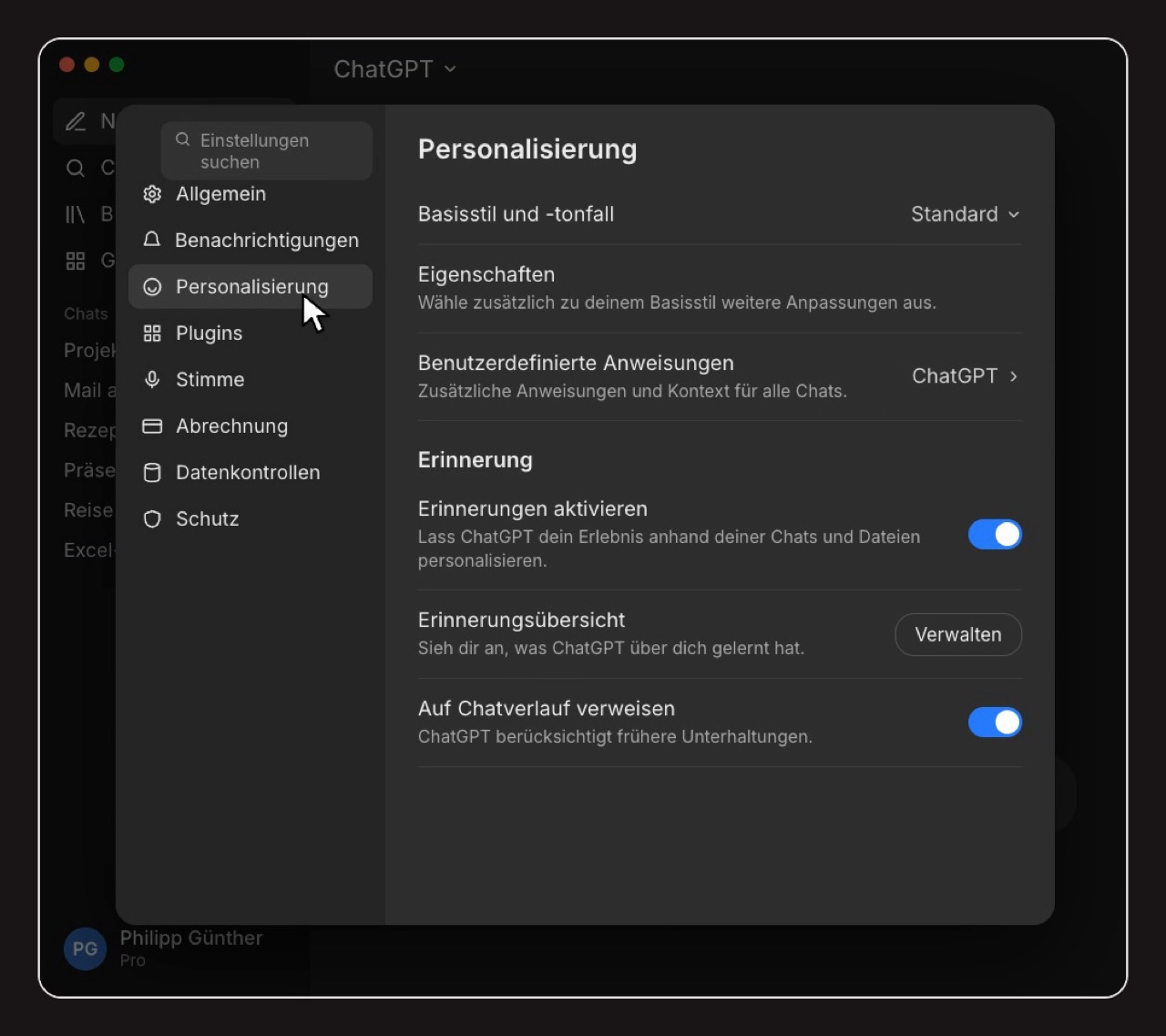 ChatGPT-Einstellungen, Personalisierung