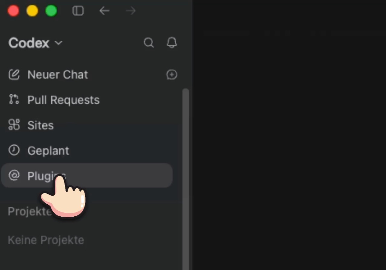 Die Seitenleiste der ChatGPT-Desktop-App im Bereich Codex mit markiertem Menüpunkt Plugins