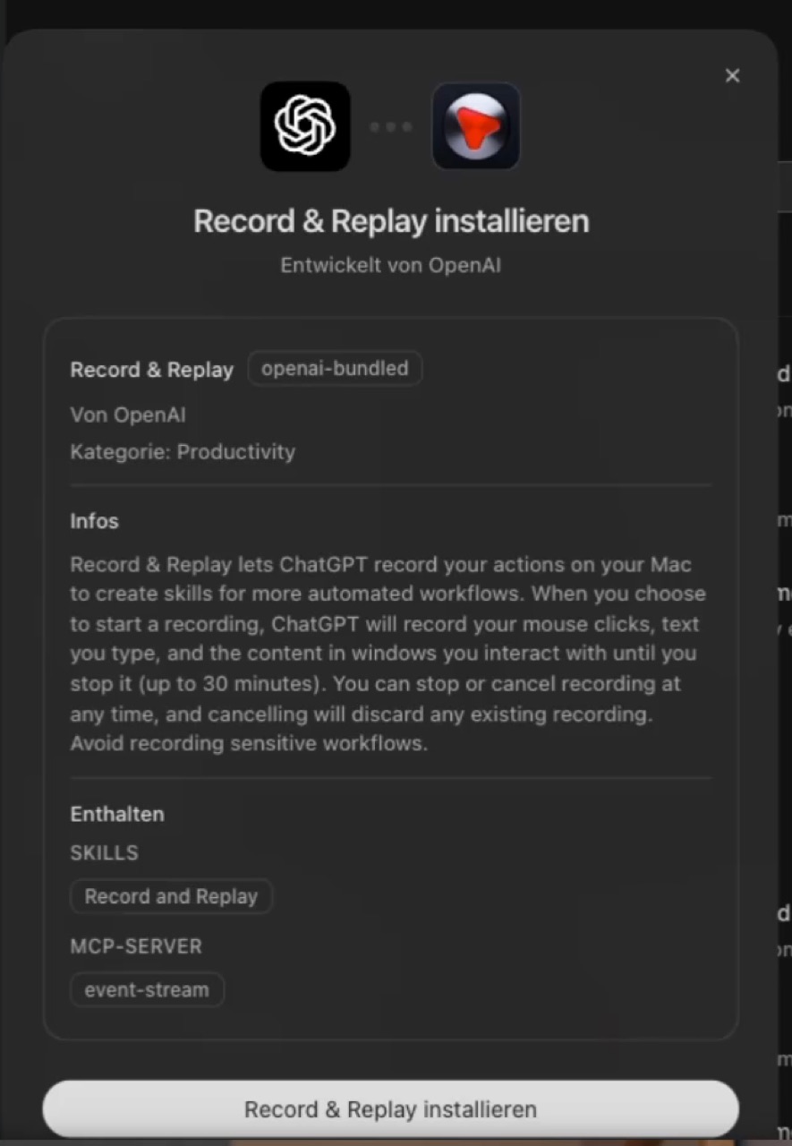 Das Installationsfenster von Record & Replay mit der Beschreibung von OpenAI