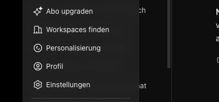 ChatGPT-Menü mit den Einträgen Abo upgraden, Workspaces finden, Personalisierung, Profil und Einstellungen