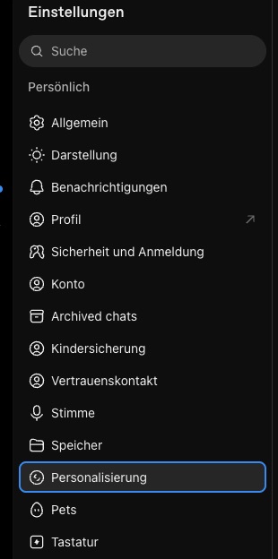 ChatGPT-Einstellungen mit der Seitenleiste, der Eintrag Personalisierung ist markiert