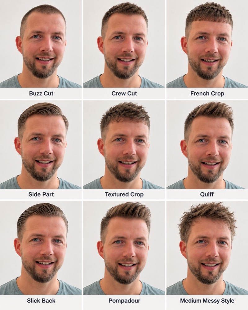 Raster mit neun Frisuren an Philipp: Buzz Cut, Crew Cut, French Crop, Side Part, Textured Crop, Quiff, Slick Back, Pompadour, Medium Messy Style