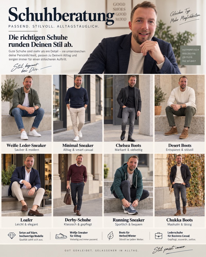 Schuhberatung mit acht Outfits: weiße Leder-Sneaker, Minimal Sneaker, Chelsea Boots, Desert Boots, Loafer, Derby-Schuhe, Running Sneaker, Chukka Boots