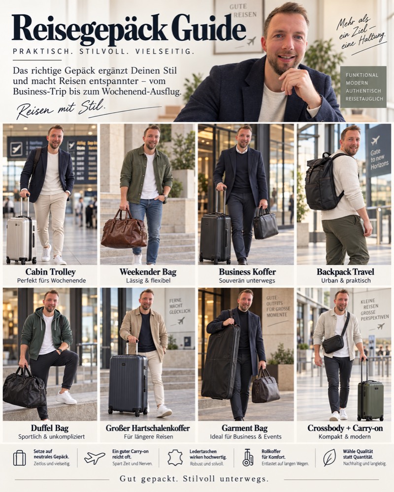 Reisegepäck-Übersicht mit acht Varianten wie Cabin Trolley, Weekender Bag, Business Koffer und Backpack