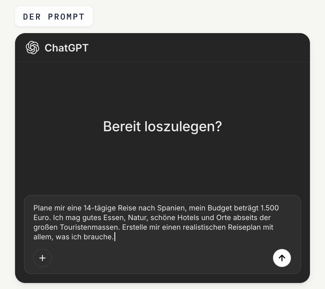 Grafik einer ChatGPT-Oberfläche: Im Eingabefeld steht der Prompt „Plane mir eine 14-tägige Reise nach Spanien, mein Budget beträgt 1.500 Euro …“