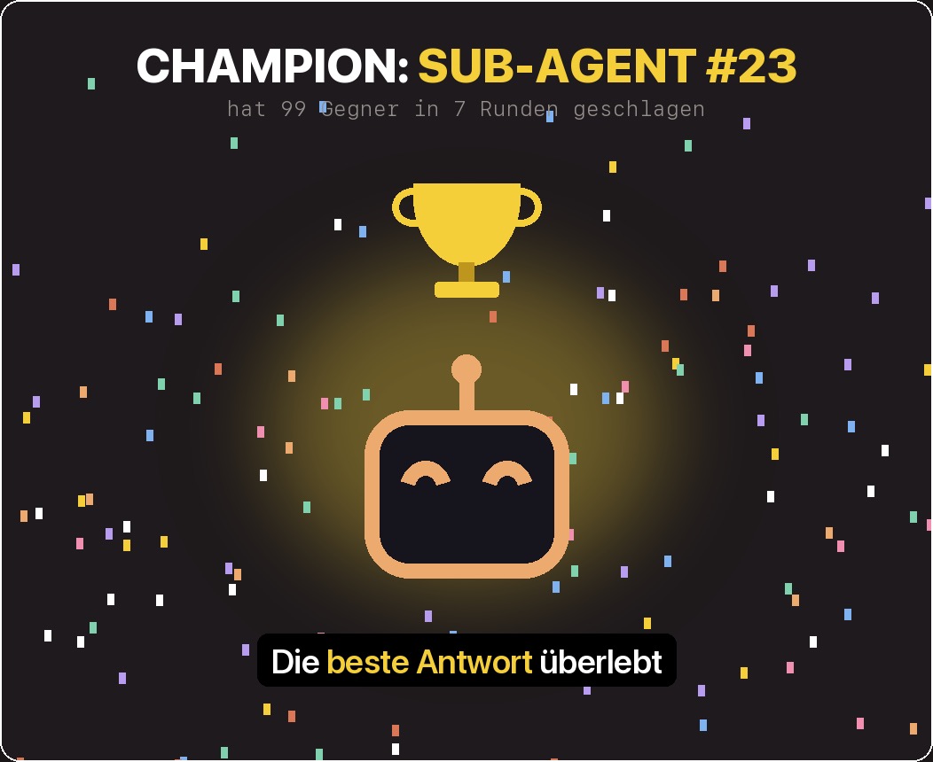 Grafik: Pokal über einem Roboter-Gesicht, Überschrift „Champion: Sub-Agent #23 — hat 99 Gegner in 7 Runden geschlagen“, darunter „Die beste Antwort überlebt“