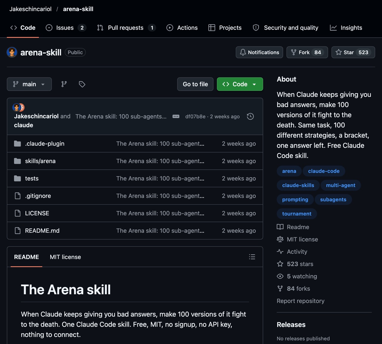 GitHub-Seite Jakeschincariol/arena-skill mit der Beschreibung „When Claude keeps giving you bad answers, make 100 versions of it fight to the death“