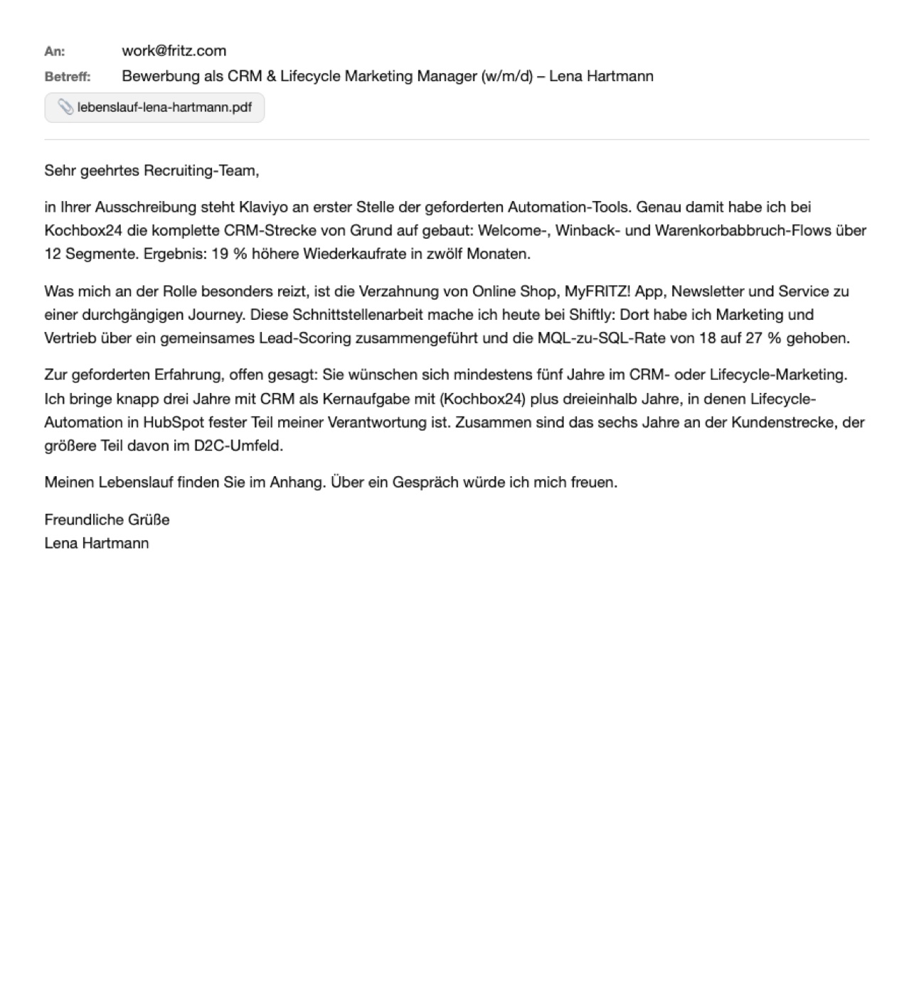 Eine von Claude geschriebene Bewerbungsmail als Gmail-Entwurf mit Lebenslauf im Anhang