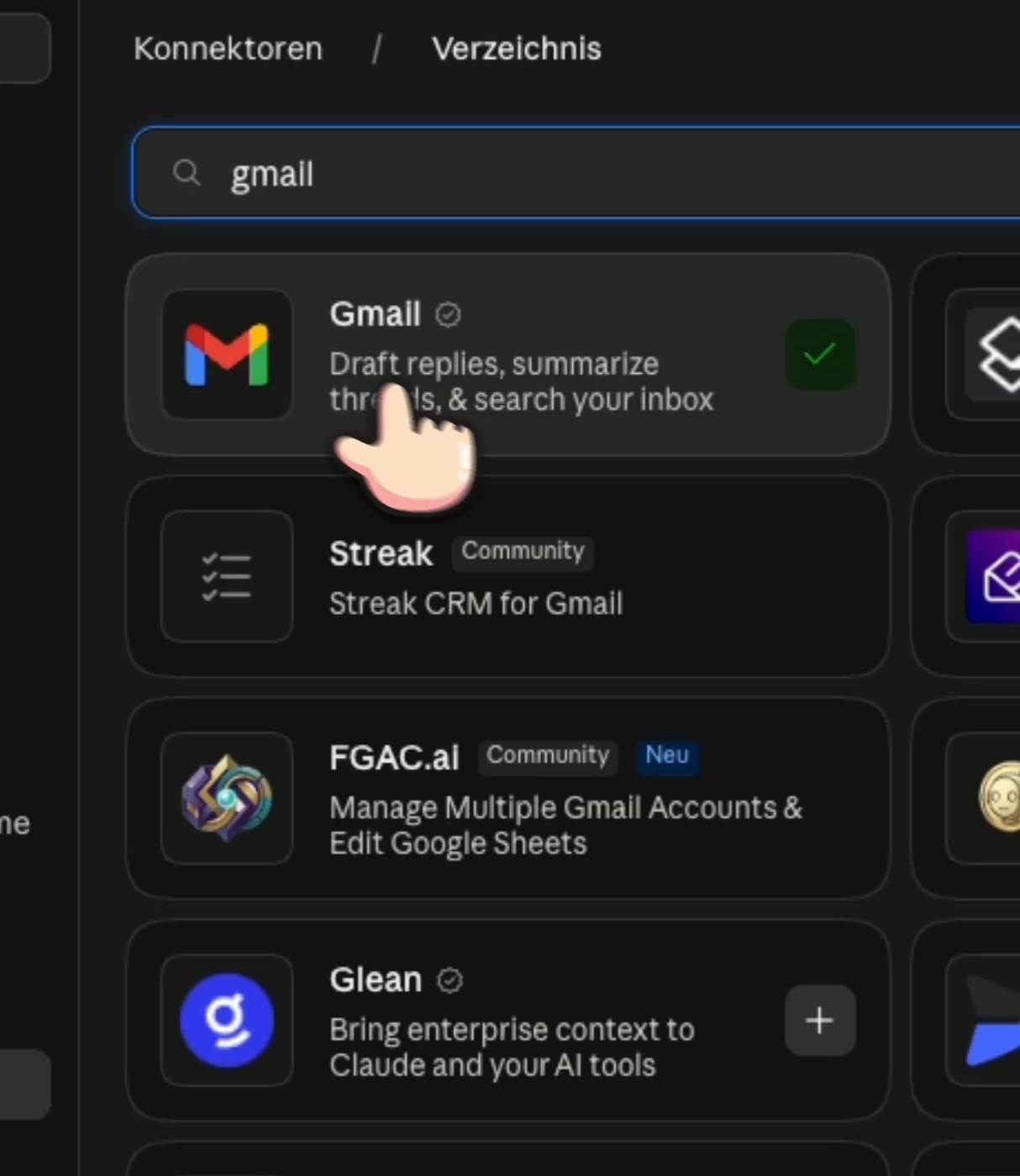 Das Konnektoren-Verzeichnis in Claude mit dem verbundenen Gmail-Connector