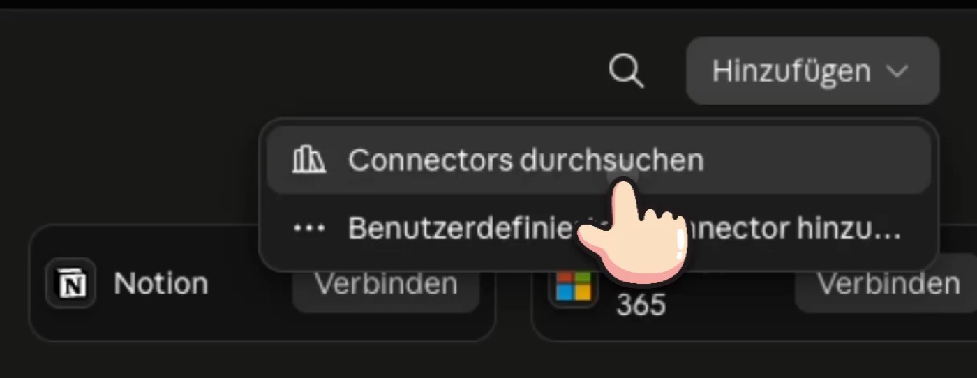 Das Hinzufügen-Menü in den Claude-Konnektoren mit dem Punkt „Connectors durchsuchen“