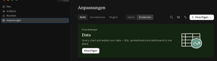Claude-Desktop-App mit geöffnetem Bereich Anpassungen und den Reitern Skills, Konnektoren und Plugins