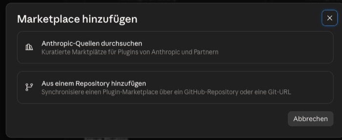 Dialog Marketplace hinzufügen mit den Optionen Anthropic-Quellen durchsuchen und Aus einem Repository hinzufügen