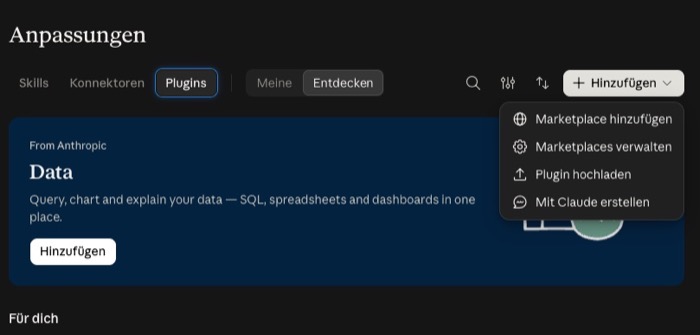 Geöffnetes Menü Hinzufügen im Reiter Plugins mit dem Eintrag Marketplace hinzufügen