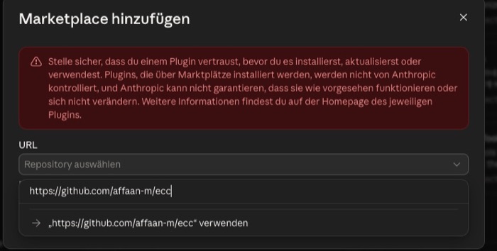 Dialog Marketplace hinzufügen mit roter Sicherheitswarnung und der eingetippten Adresse github.com/affaan-m/ecc