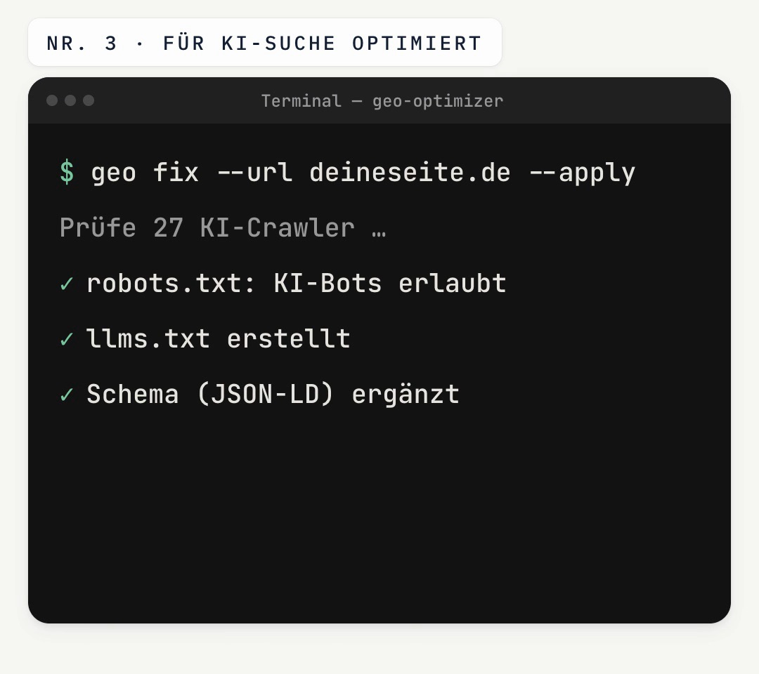 Grafik eines Terminals mit dem Befehl geo fix und drei abgehakten Zeilen: robots.txt, llms.txt, Schema
