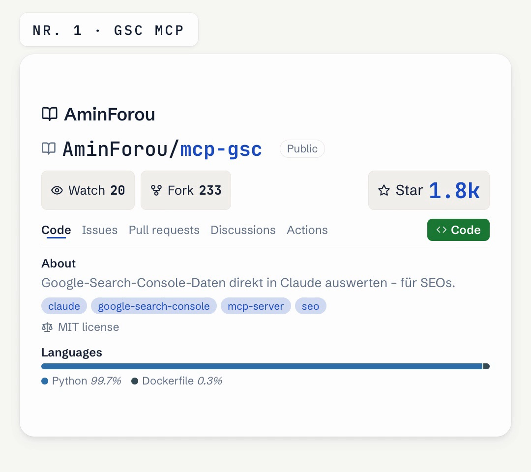 Grafik der GitHub-Seite von AminForou/mcp-gsc mit rund 1.800 Sternen und MIT-Lizenz