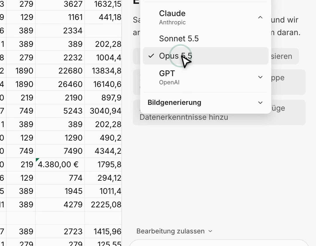 Modell-Auswahl im Copilot-Bereich von Excel