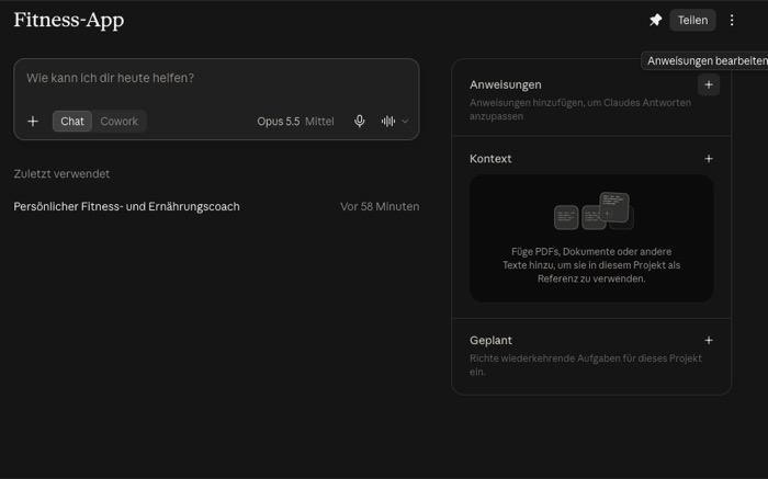 Projektseite mit dem Plus-Knopf „Anweisungen bearbeiten“