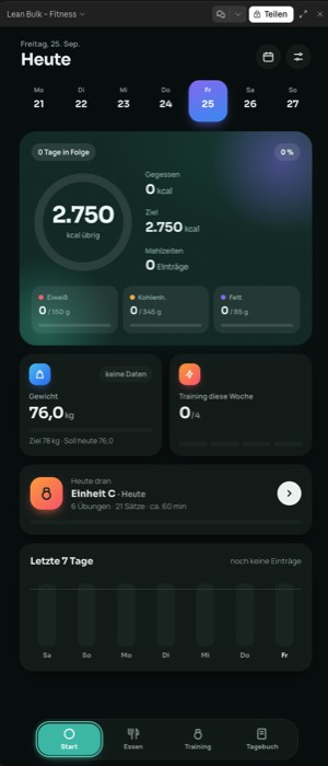 Startseite der App mit Kalorienring, drei Makro-Balken, Gewicht und 7-Tage-Verlauf