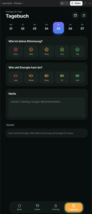 Tagebuchseite mit Stimmung, Energie und Notizfeld