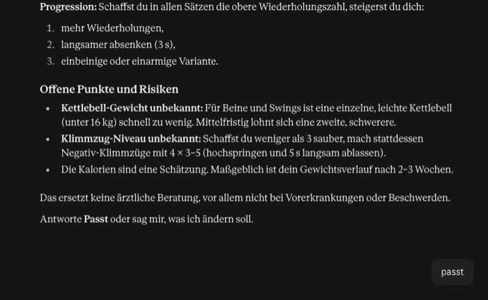 Ende des Plans mit Hinweis auf ärztliche Beratung, im Eingabefeld steht passt
