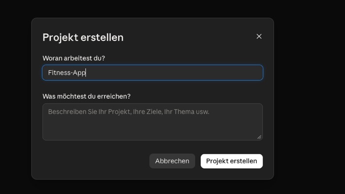 Claude-Dialog „Projekt erstellen“ mit dem Namen Fitness-App