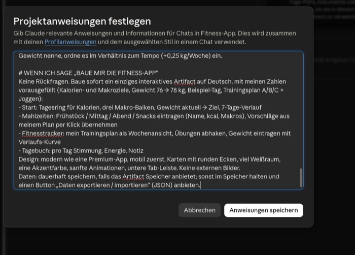 Dialog Projektanweisungen festlegen mit dem eingefügten Block