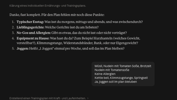 Claude stellt fünf Rückfragen, darunter Philipps Antwort in Stichworten